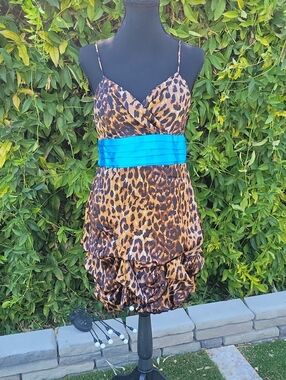 Vintage Y2K Leopard Print Satin Party Dress with Turquoise Waistband